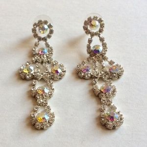 Crystal Rhinestone Aurora Borealis Prong Dangle Drop Post Earrings Silver Tone